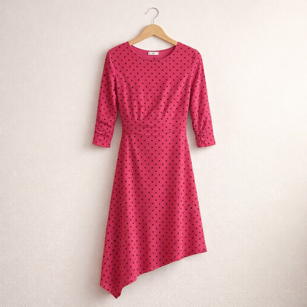 ZARA Pink Black Polka Dot Asymmetrical Hem Dress Date Night XS‎